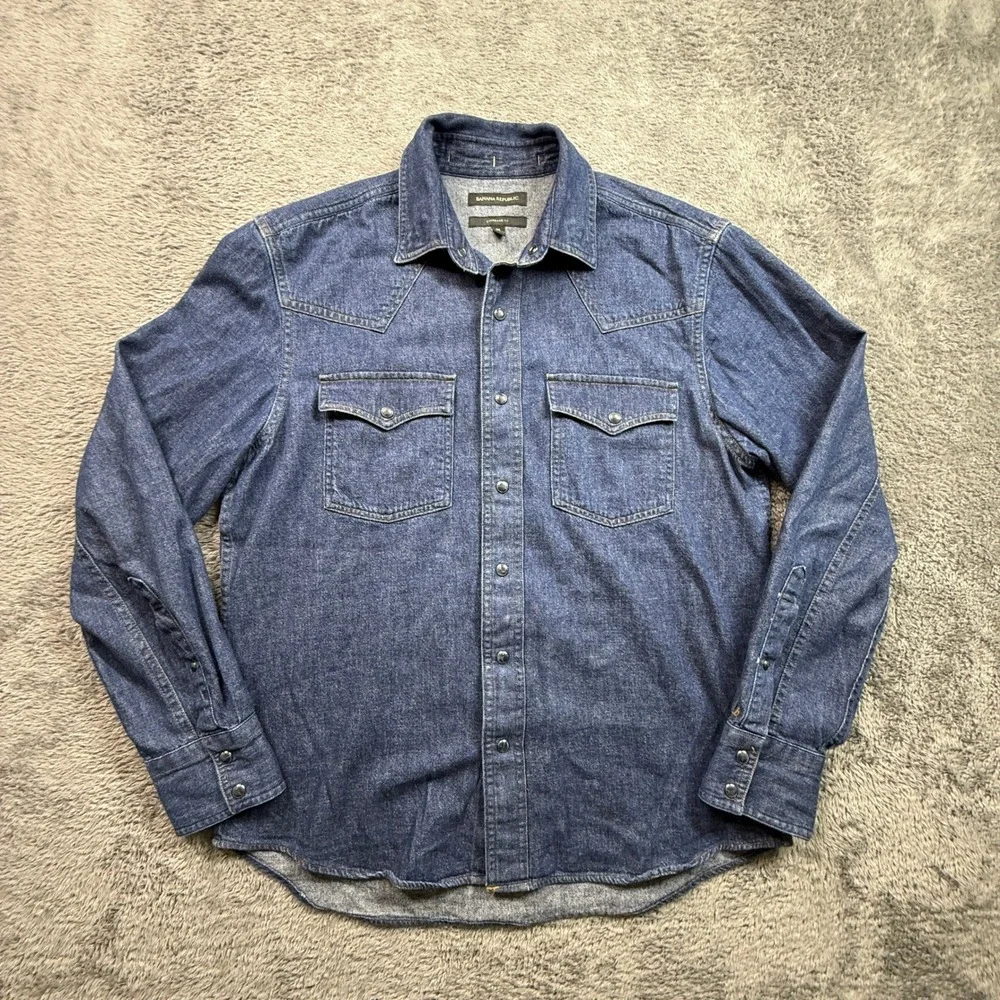 Banana Republic Western Shirt Mens M Blue Excellent Hemp Blend Pearl Snap Denim